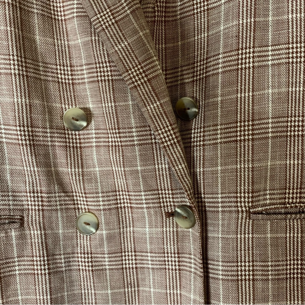 Maeve Anthropologie brown double-breasted linen blend plaid blazer 8 - Picture 5 of 10